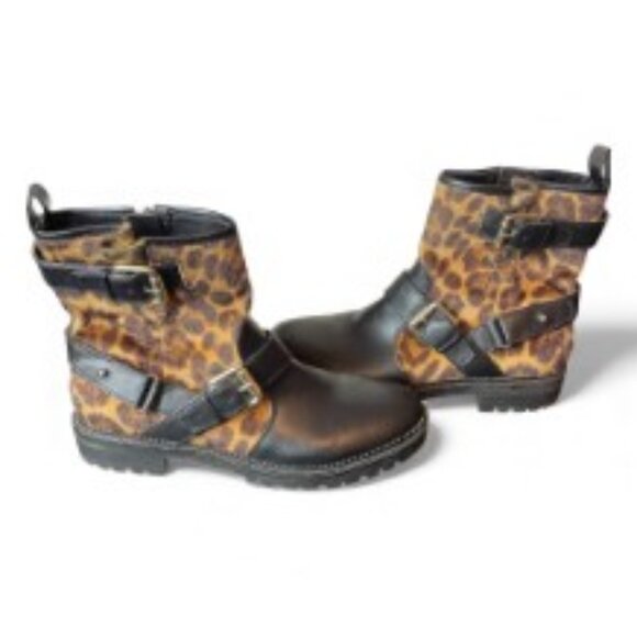 Ninewest Shoes - NINE WEST WOMEN'S ARRIA LEOPARD FAUX FUR MOTO BOOTS SIZE 10M